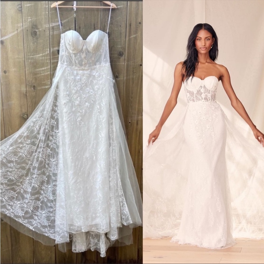 White Lace Bustier Embroidered Lace Dress with Train 🌿